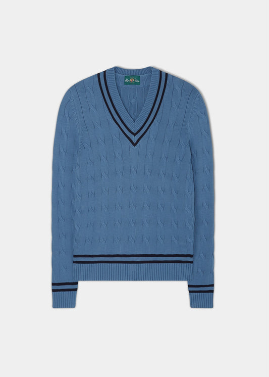 Sandridge Cable Knit Cricket Jumper In Airforce & Dark Navy