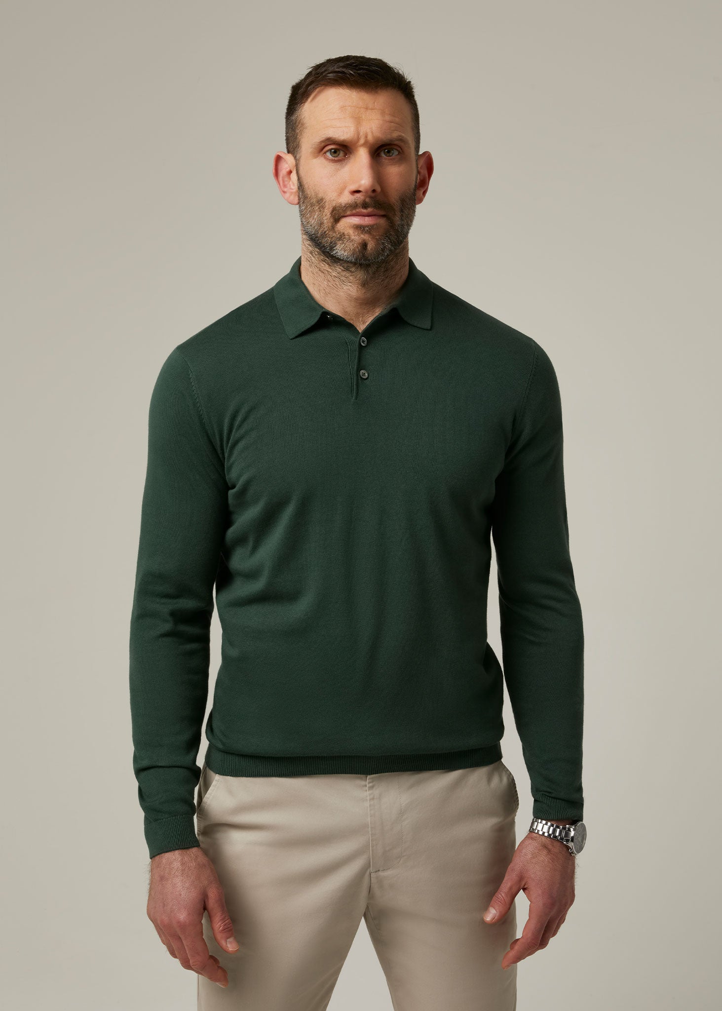 Emsworth Cotton Long Sleeve Polo Shirt in Racing Green