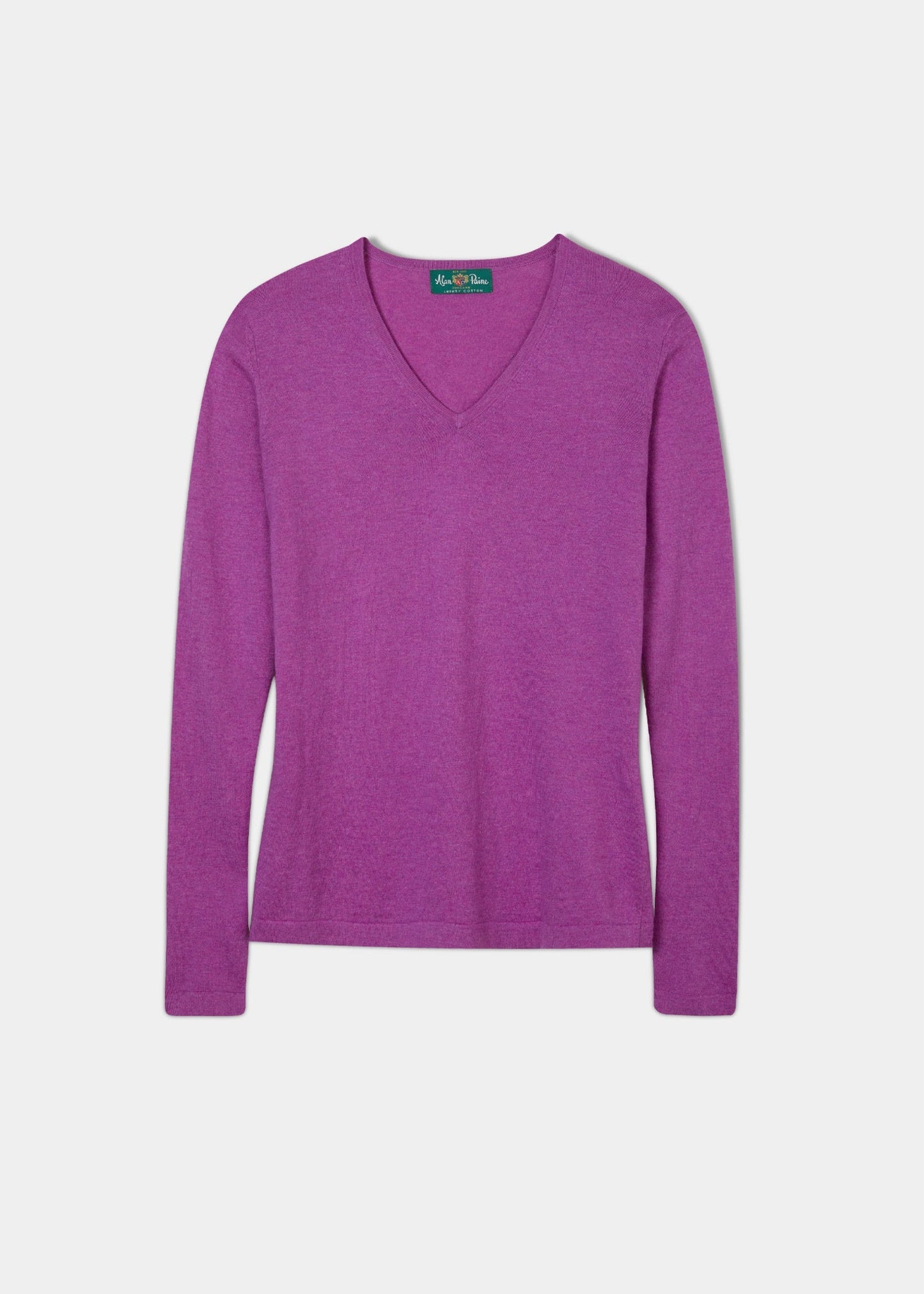 Ladies cotton cashmere jumper in colourway orchid with a vee neck