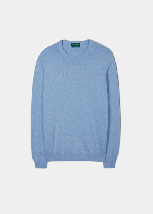 Alan Paine men's cotton cashmere crew neck jumper in steel blue