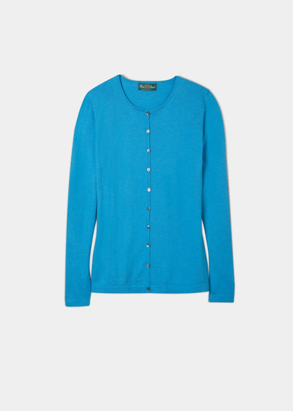 ladies cotton cashmere cardigan in colourway malibu with a crew neck