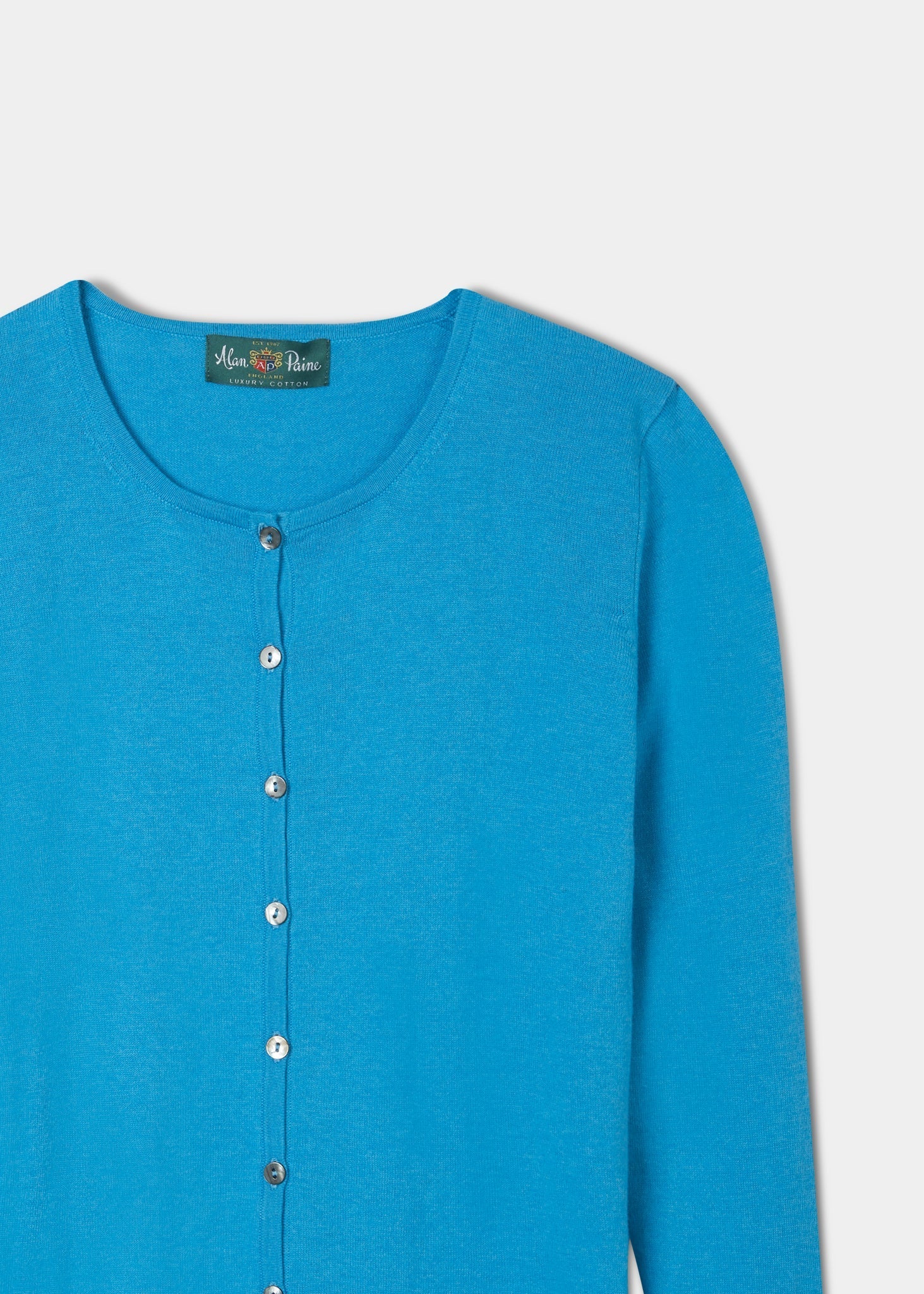 ladies cotton cashmere cardigan in colourway malibu with a crew neck