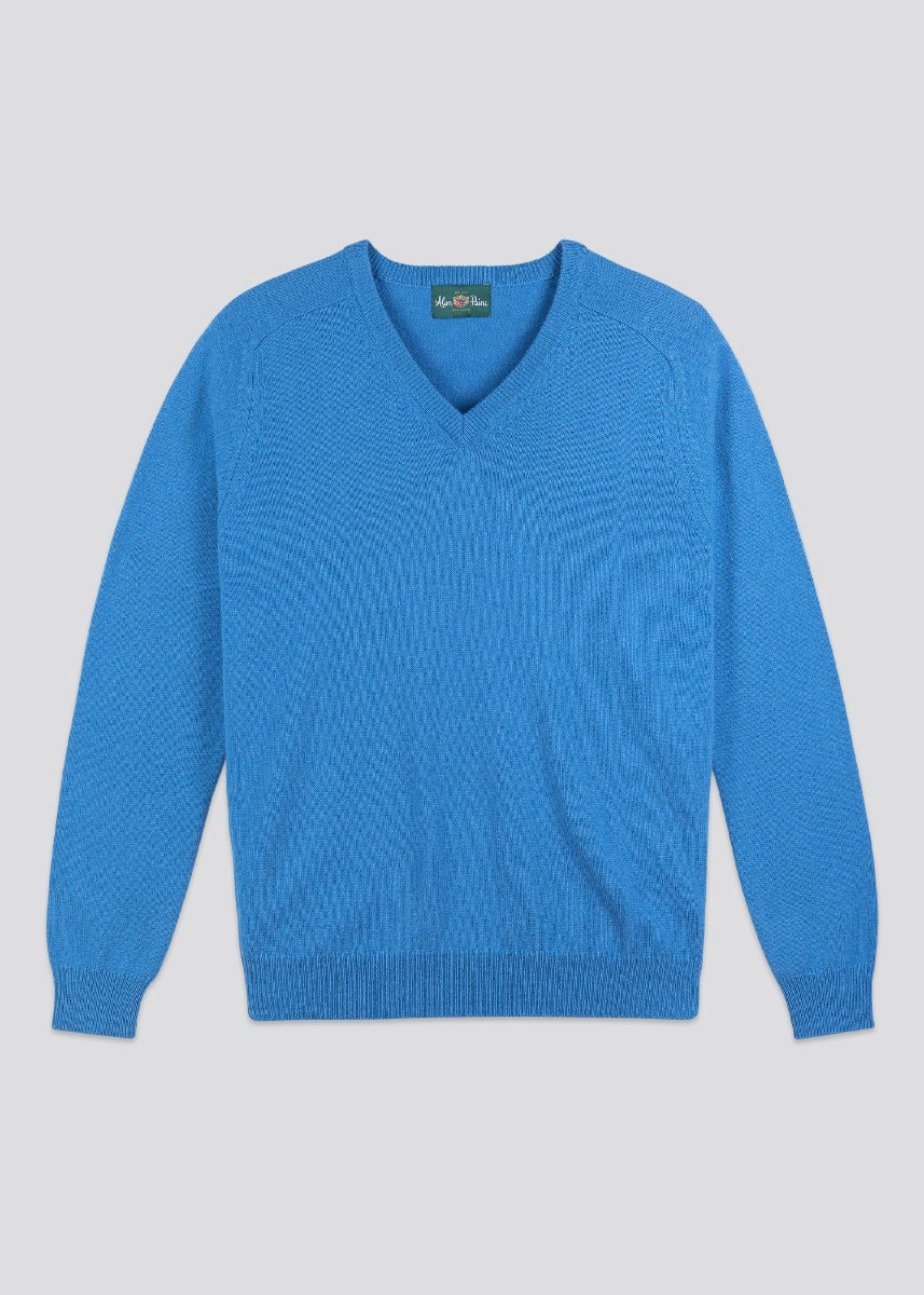 Men's Lambswool Vee Neck Jumper in Cyan - Regular Fit