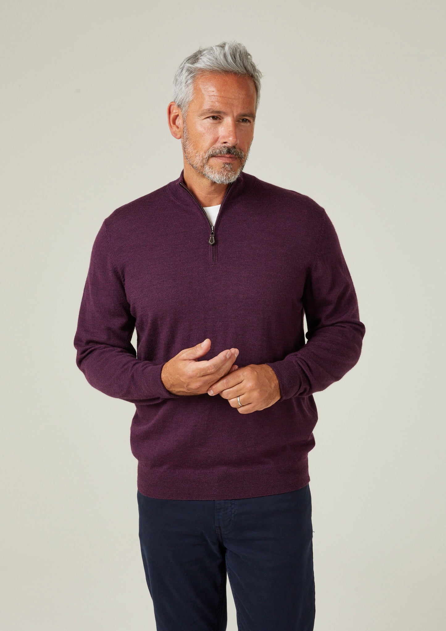 Barton Merino Wool 1/4 Zip Mock Jumper in Black Grape - Regular Fit