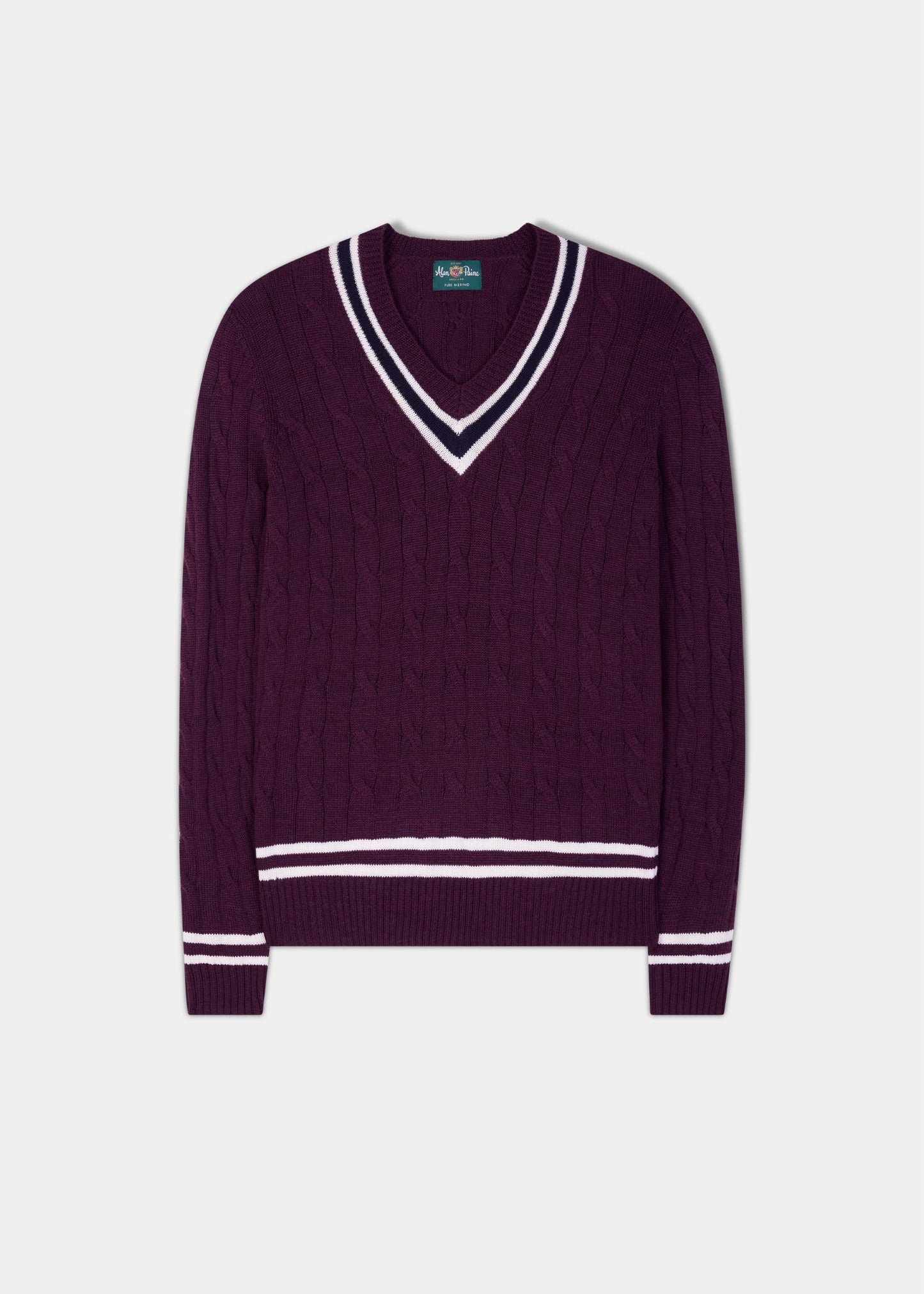 Grafton Men's Merino Wool Cable Cricket Jumper In Black Grape - Regular Fit