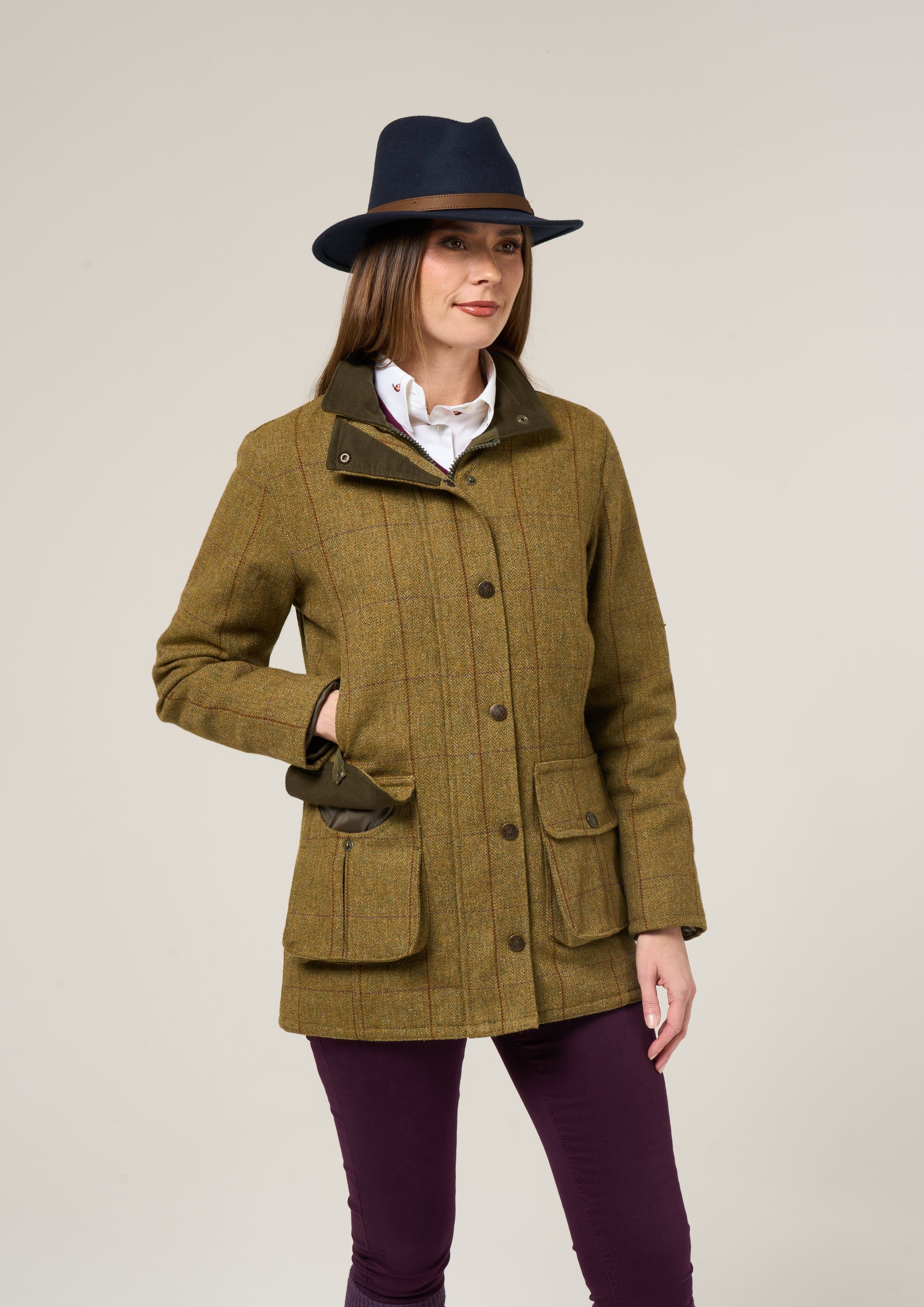 Rutland Ladies Tweed Waterproof Shooting Coat In Cypress