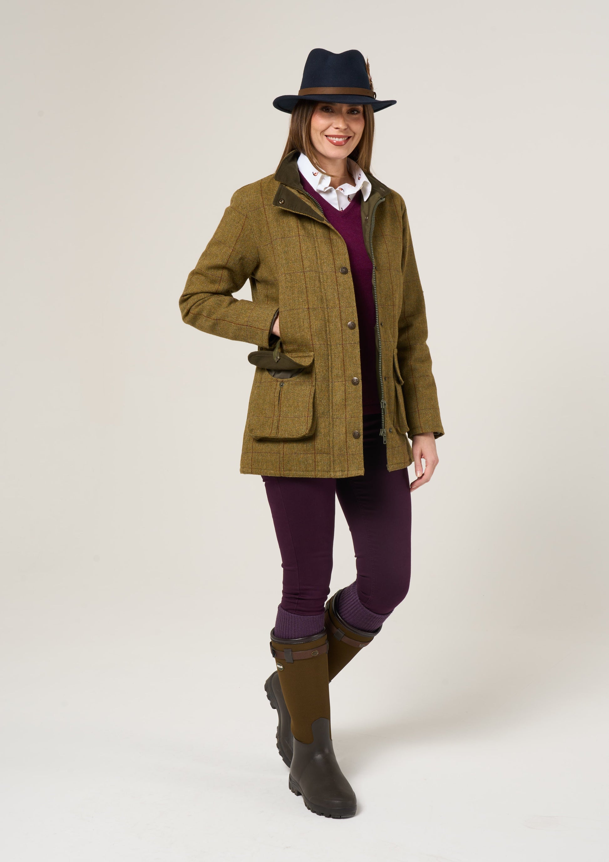 Rutland Ladies Tweed Waterproof Shooting Coat In Cypress