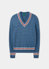 Sandridge Cable Knit Cricket Jumper In Airforce & Cherry