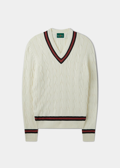 Sandridge Cable Knit Cricket Jumper In Ecru & Cherry