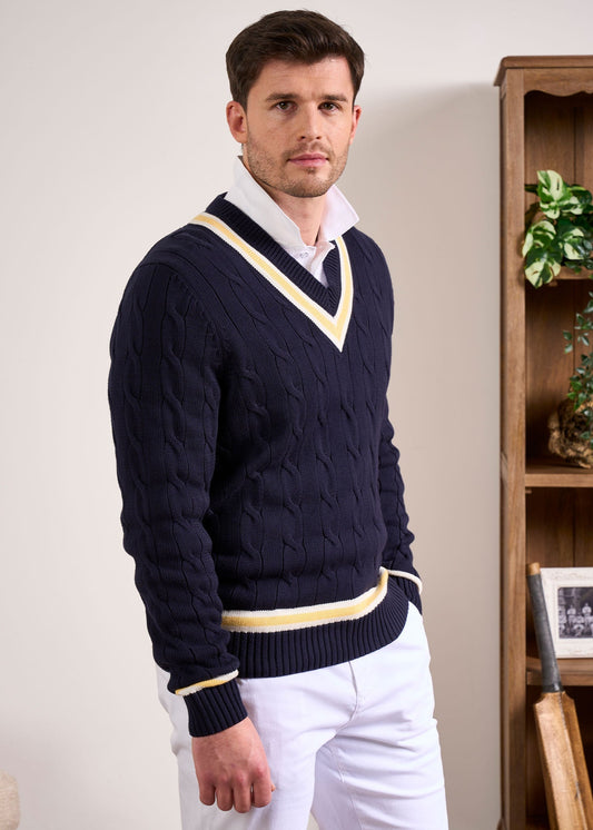 Sandridge Cable Knit Cricket Jumper In Dark Navy & Sun