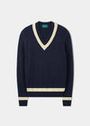 Sandridge Cable Knit Cricket Jumper In Dark Navy & Sun