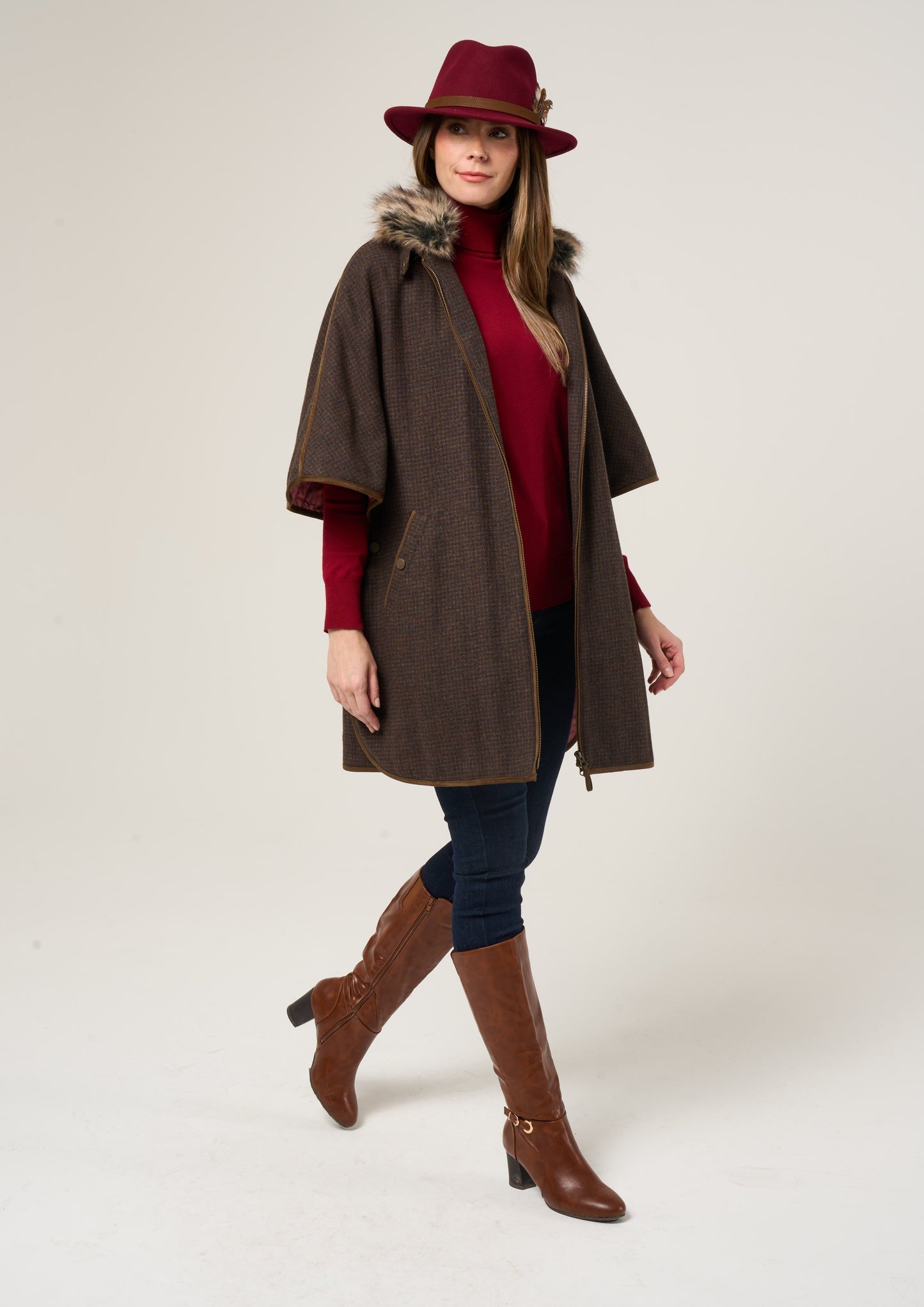 Surrey Ladies Tweed Cape In Bramble