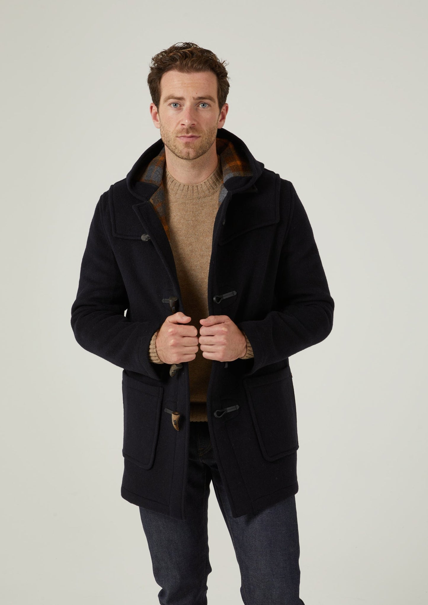 Alcombey Check Back Duffle Coat In Navy.