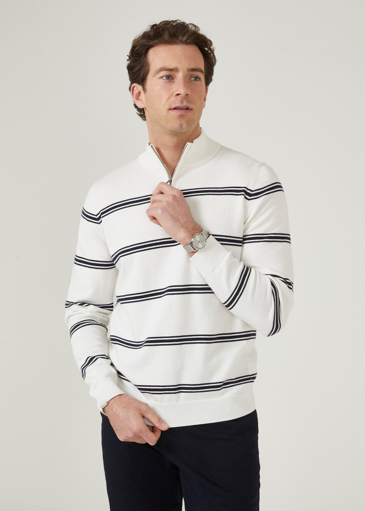 mock neck cotton jumper in ecru with dark navy stripes.