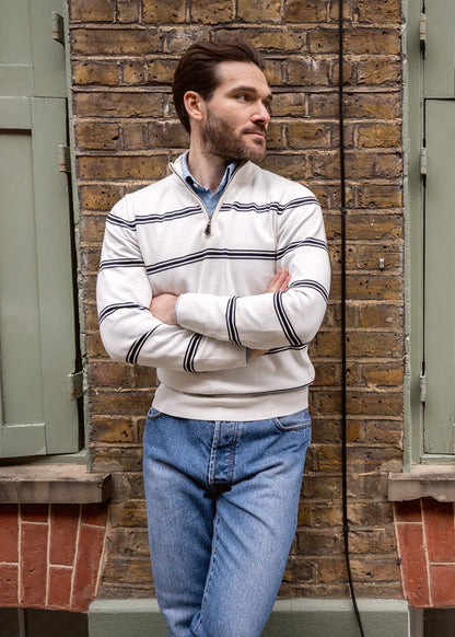 mock neck cotton jumper in ecru with dark navy stripes.