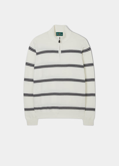 mock neck cotton jumper in ecru with dark navy stripes.