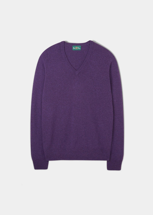 Men's Lambswool Vee Neck Jumper in Aubergine - Classic Fit