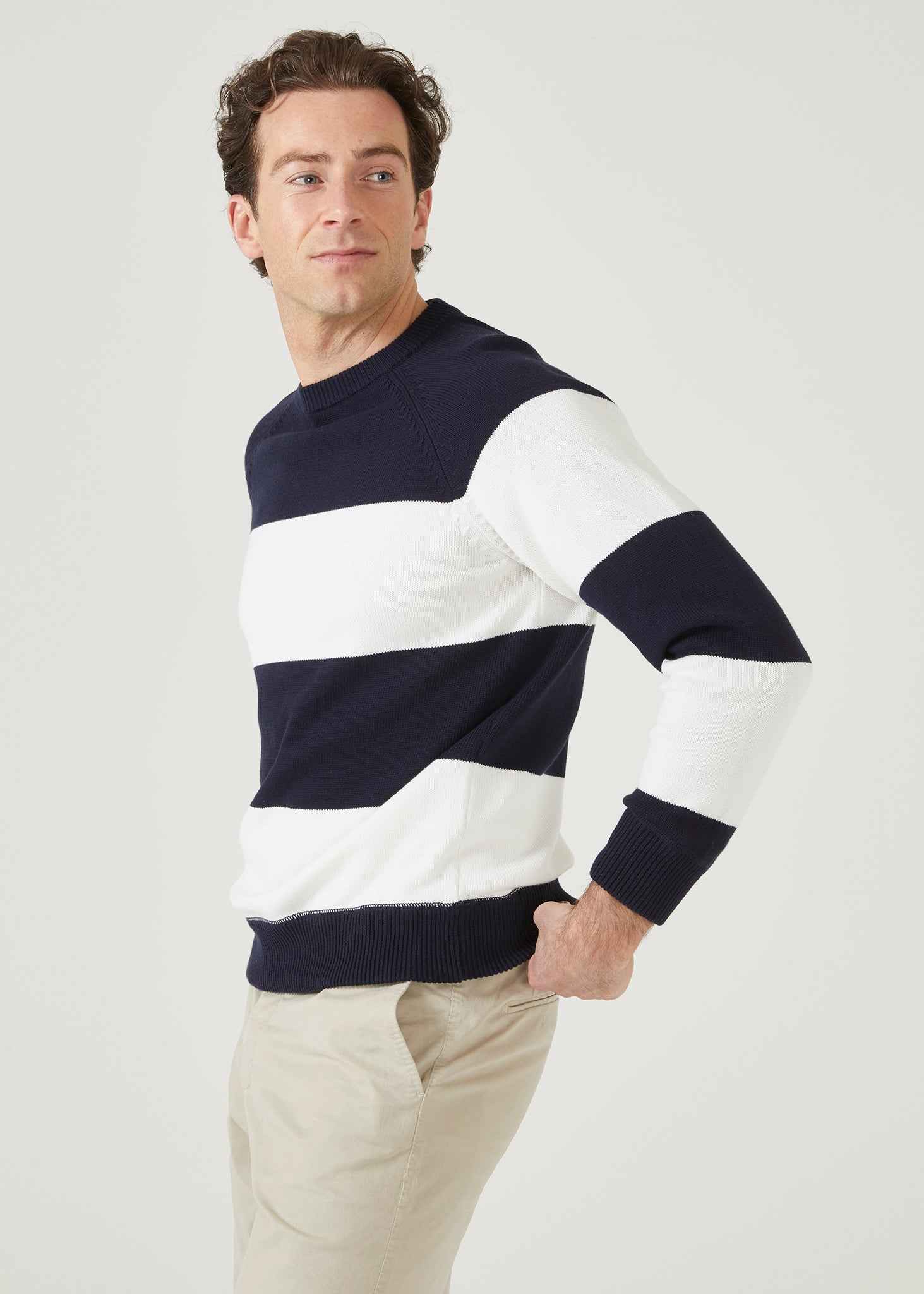 Wide stripe cotton jumper with a crew neck in dark navy & ecru.