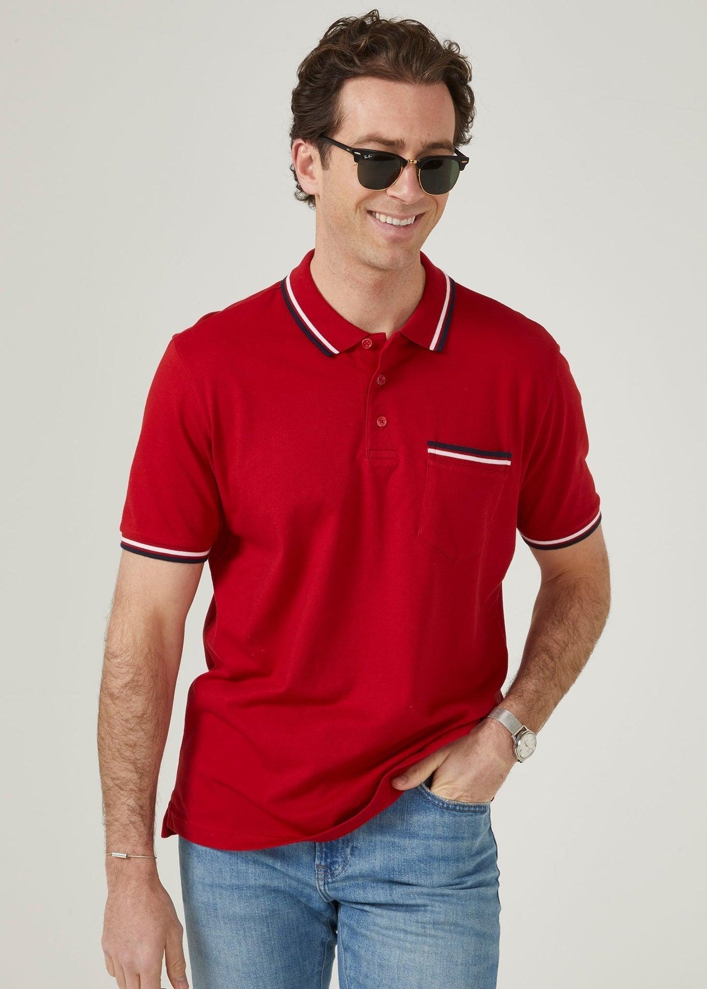 short sleeved cotton pique polo shirt with trim in rosso red.