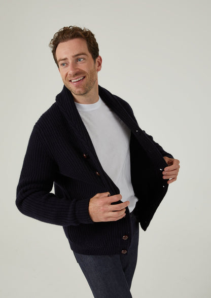 Usworth Men's Shawl Collar Lambswool Jumper In Navy